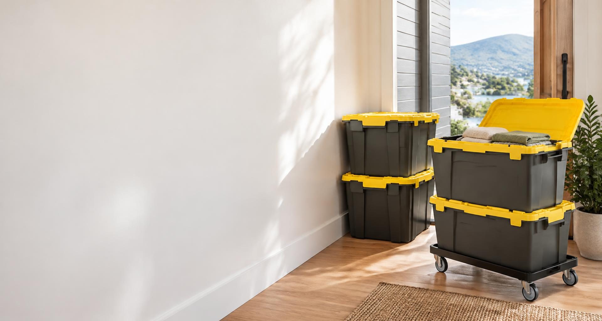 Reusable moving boxes with yellow lids stacked on a moving dolly in a bright Hobart-style home